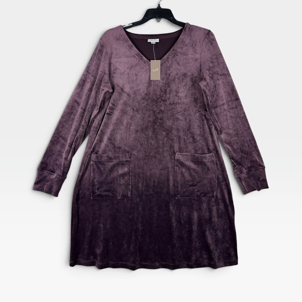 J. Jill Pure Jill Velour Tunic Dress Womens M Black Violet Pocket V-Neck NWT